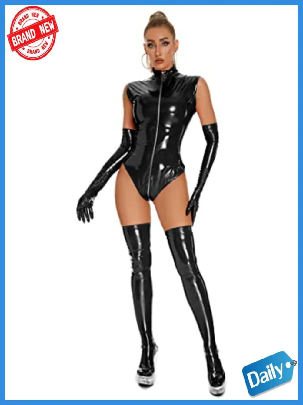 Women Shiny Metallic Sleeveless Bodysuit Leotard Jumpsuit Club Party Cosplay